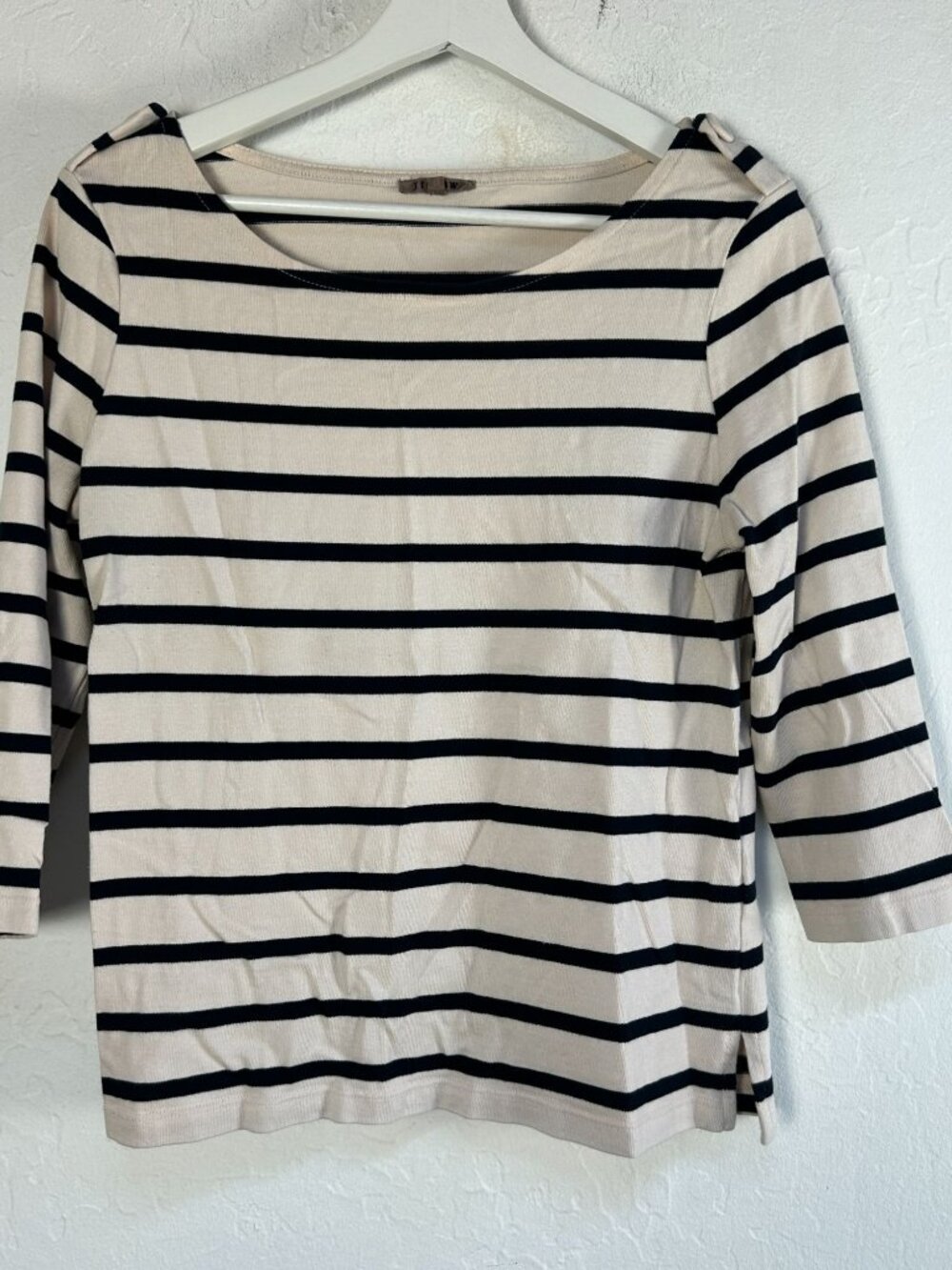 Jigsaw Womens Beige Navy Striped 3/4 Sleeve Cotton Top Medium Boat Neck Casual